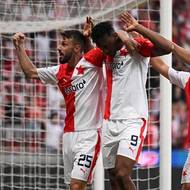 Útočník Slavie Muhamed Tijani svůj gól do sítě Baníku Ostrava neslavil..