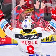 Zleva David Musil z Pardubic a Tomáš Zohorna z Pardubic oslavují gól s fanoušky.