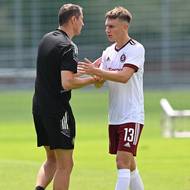 Trenér Sparty Praha Brian Priske a Kryštof Daněk po přátelském utkání s Opavou.