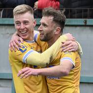 Teplická radost z gólu Daniela Trubače (vpravo). 