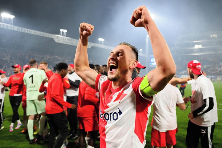 slavia Prague captain Jan Bořil celebrating the title