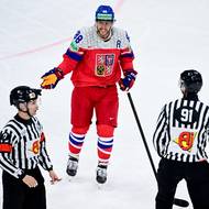 Český útočník David Pastrňák z Česka se diví vyloučení během duelu se Švédskem.
