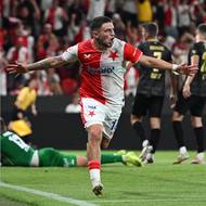 Slávista Christos Zafeiris poté, co dal gól proti Hradci Králové.  