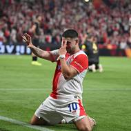 Slávista Christos Zafeiris poté, co dal gól proti Hradci Králové.  