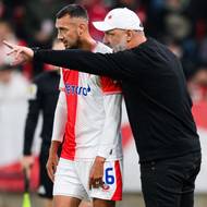 Ivan Schranz a trenér Slavie Praha Jindřich Trpišovský během utkání 10. kola Chance Ligy, SK Slavia Praha - FK Dukla Praha, hrané 26. září 2025 v Praze.