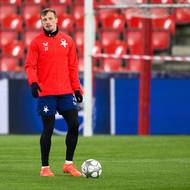 Tomáš Vlček ze Slavie Praha během tréninku před utkáním ligové fáze Ligy mistrů UEFA, SK Slavia Praha - FC Barcelona, dne 20. ledna 2026 v Praze.