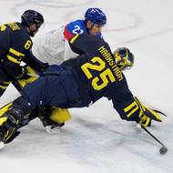 Švédský brankář Jacob Markström stihl zastavit puk na brankové čáře.