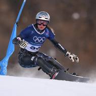 Ester Ledecká při své první soutěžní jízdě na letošních olympijských hrách.