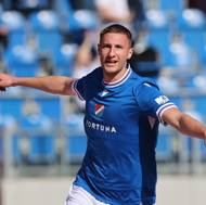 Ondřej Kričfaluši v dresu Baníku slavící úvodní branku