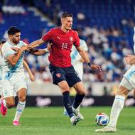 Útočník Patrik Schick v generálce proti Guatemale.
